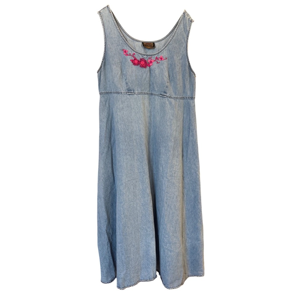 Vintage Blue Denim Maxi Dress Womens Blue Floral Embroidered‎ Boho SIZE 2X